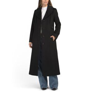 ANNE KLEIN Black Wool And Cashmere Blend Single Breasted Long Coat